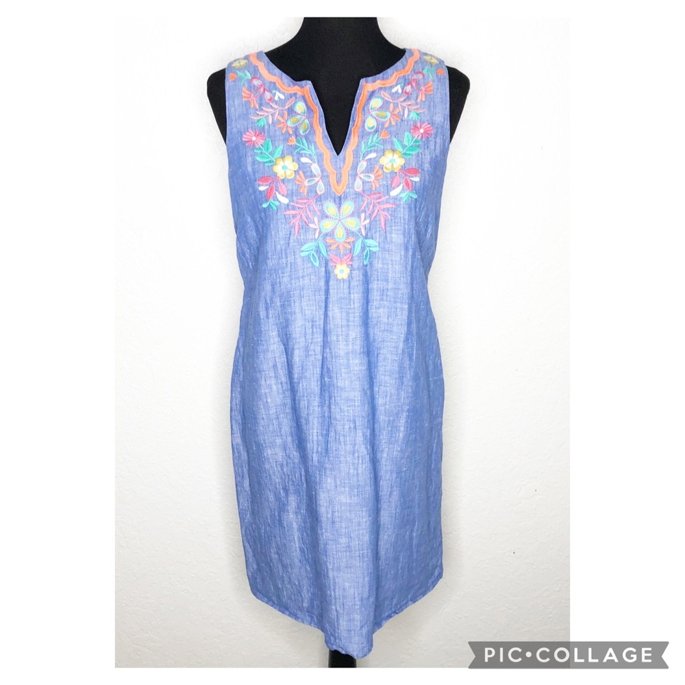 Talbots blue floral embroidered linen blend sleeveless dress size 4